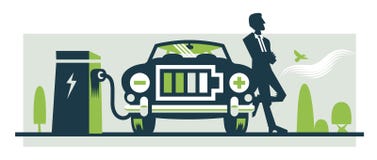 A ilustração do carro elétrico que está sendo recarregado, a grade dianteira é um ícone da bateria ilustração do vetor A ilustração do carro elétrico que está sendo recarregado, a grade dianteira é um ícone da bateria ilustração do vetor