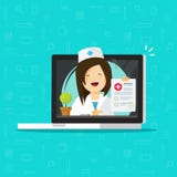 A ilustração do vetor da telemedicina, caráter liso do doutor que consulta em linha através do laptop, médico da mulher dá a dist ilustração do vetor A ilustração do vetor da telemedicina, caráter liso do doutor que consulta em linha através do laptop, médico da mulher dá a dist ilustração do vetor