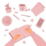 A ilustração do vetor de uma mulher, uma menina escreve, tira em um caderno Na tabela é um caderno, pena, lápis, eliminador, doce ilustração royalty free A ilustração do vetor de uma mulher, uma menina escreve, tira em um caderno Na tabela é um caderno, pena, lápis, eliminador, doce ilustração royalty free