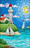 A ilustração do vitral com opinião do mar, três navios e uma costa com um farol no fundo do dia nublam-se o sol e o mar do céu ilustração royalty free A ilustração do vitral com opinião do mar, três navios e uma costa com um farol no fundo do dia nublam-se o sol e o mar do céu ilustração royalty free