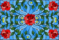 A ilustração do vitral com rosa do vermelho ramifica no fundo azul, imagem retangular ilustração royalty free A ilustração do vitral com rosa do vermelho ramifica no fundo azul, imagem retangular ilustração royalty free