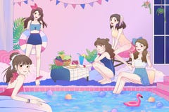 Ilustração dos desenhos animados de 5 meninas adolescentes asiáticas bonitos que têm o divertimento e de festa na piscina no gran ilustração royalty free Ilustração dos desenhos animados de 5 meninas adolescentes asiáticas bonitos que têm o divertimento e de festa na piscina no gran ilustração royalty free