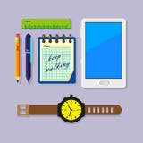 Ilustração lisa da arte de uma régua, de um caderno, da pena, do lápis, do PC da tabuleta e dos relógios ilustração royalty free Ilustração lisa da arte de uma régua, de um caderno, da pena, do lápis, do PC da tabuleta e dos relógios ilustração royalty free