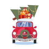Ilustração lisa dos desenhos animados do vetor do carro retro com caixas de presente, neve e árvore de Natal no telhado no fundo ilustração royalty free Ilustração lisa dos desenhos animados do vetor do carro retro com caixas de presente, neve e árvore de Natal no telhado no fundo ilustração royalty free