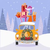 Ilustração lisa dos desenhos animados do vetor do carro retro com presentes e da árvore de Natal na parte superior Pouco presente ilustração royalty free Ilustração lisa dos desenhos animados do vetor do carro retro com presentes e da árvore de Natal na parte superior Pouco presente ilustração royalty free