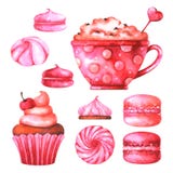 Ilustração pintado à mão com bolinhos de amêndoa, marshmallows, copo com café e queque da aquarela ilustração do vetor Ilustração pintado à mão com bolinhos de amêndoa, marshmallows, copo com café e queque da aquarela ilustração do vetor