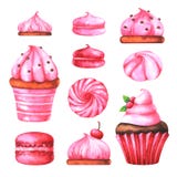 Ilustração pintado à mão com bolinhos de amêndoa, marshmallows, e queque da aquarela ilustração royalty free Ilustração pintado à mão com bolinhos de amêndoa, marshmallows, e queque da aquarela ilustração royalty free