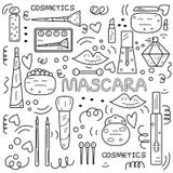 Ilustração preto e branco da garatuja com lotes dos cosméticos e do m ilustração stock Ilustração preto e branco da garatuja com lotes dos cosméticos e do m ilustração stock