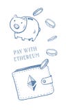 Ilustração tirada mão da garatuja dos desenhos animados do esboço do vetor com moneybox e carteira Logotipo cripto da moeda de Et ilustração stock Ilustração tirada mão da garatuja dos desenhos animados do esboço do vetor com moneybox e carteira Logotipo cripto da moeda de Et ilustração stock