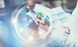 Image business woman wearing white shirt, touching screen modern smartphone.Open space loft office.Report documents royalty free stock images Image business woman wearing white shirt, touching screen modern smartphone.Open space loft office.Report documents royalty free stock images