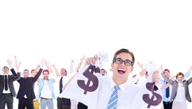 Image composée de l'homme d'affaires heureux geeky tenant des sacs d'argent photos libres de droits Image composée de l'homme d'affaires heureux geeky tenant des sacs d'argent photos libres de droits