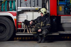 Image of fireman in helmet with dog