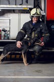 Image of happy fireman in helmet with dog