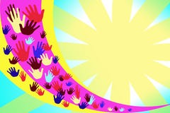 Imagem abstrata com mãos coloridos em um fundo de listras amarelas e roxas ilustração royalty free Imagem abstrata com mãos coloridos em um fundo de listras amarelas e roxas ilustração royalty free
