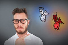 Imagen compuesta del hombre de negocios joven geeky que mira la cámara y señalar Imagen de archivo Imagen compuesta del hombre de negocios joven geeky que mira la cámara y señalar Imagen de archivo