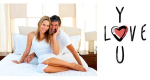 Imagen compuesta del retrato de los amantes que se sientan en cama stock de ilustración Imagen compuesta del retrato de los amantes que se sientan en cama stock de ilustración
