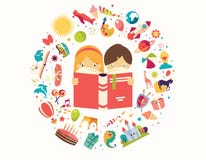 Imagination Concept, Boy And Girl Reading A Book Objects Flying Stock Photo Imagination Concept, Boy And Girl Reading A Book Objects Flying Stock Photo