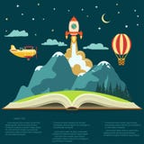Imagination concept, open book with a mountain, flying rocket, air balloon and airplane stock illustration Imagination concept, open book with a mountain, flying rocket, air balloon and airplane stock illustration