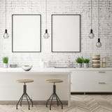 Imite encima de marco del cartel en el fondo interior de la cocina, estilo escandinavo, 3D rinden Imagenes de archivo Imite encima de marco del cartel en el fondo interior de la cocina, estilo escandinavo, 3D rinden Imagenes de archivo