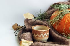 immagine con una grande zucca, una tazza dell'argilla ed i rami di un albero di Natale su un fondo leggero fotografia stock libera da diritti immagine con una grande zucca, una tazza dell'argilla ed i rami di un albero di Natale su un fondo leggero fotografia stock libera da diritti