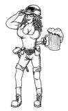 Immagine del fumetto della donna lavoratrice dura con birra illustrazione di stock Immagine del fumetto della donna lavoratrice dura con birra illustrazione di stock