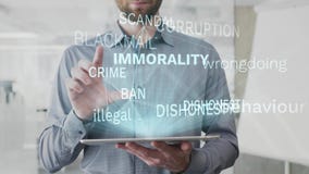 Immorality, behaviour, asocial, illegal, dishonest word cloud made as hologram used on tablet by bearded man, also used stock footage Immorality, behaviour, asocial, illegal, dishonest word cloud made as hologram used on tablet by bearded man, also used stock footage