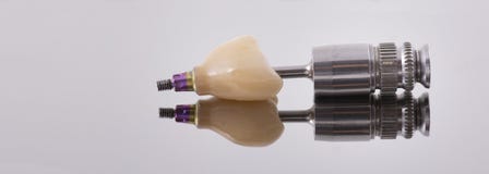 Implant humain de dent Concept dentaire Dents ou dentiers humains en céramique Implants sur le plan rapproché de fond de miroir image stock Implant humain de dent Concept dentaire Dents ou dentiers humains en céramique Implants sur le plan rapproché de fond de miroir image stock