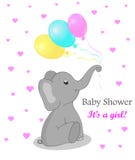 Inbjudankortbaby shower med elefanten för flicka Gullig elefant med ballonger Födelsedaghälsningskort med den plana elefanten Vec royaltyfri illustrationer Inbjudankortbaby shower med elefanten för flicka Gullig elefant med ballonger Födelsedaghälsningskort med den plana elefanten Vec royaltyfri illustrationer