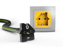 Incavo bianco elettrico e spina nera sotto forma di casa illustrazione 3D Fotografie Stock Libere da Diritti Incavo bianco elettrico e spina nera sotto forma di casa illustrazione 3D Fotografie Stock Libere da Diritti