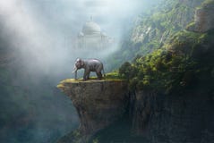 Indian Elephant, Taj Mahal, India, Fantasy Landscape. An Indian elephant stands on a cliff ledge with the Taj Mahal in the background in a surreal fantasy Indian Elephant, Taj Mahal, India, Fantasy Landscape. An Indian elephant stands on a cliff ledge with the Taj Mahal in the background in a surreal fantasy
