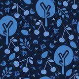 Indigo blue cherry tree orchard. Seamless vector pattern background. Hand drawn tossed cherries paper cut out. Matisse style. royalty free illustration Indigo blue cherry tree orchard. Seamless vector pattern background. Hand drawn tossed cherries paper cut out. Matisse style. royalty free illustration