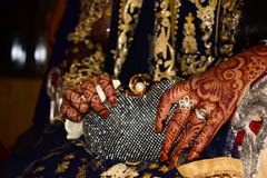 Indische bruid met henna op handen Gouden ringen op hand Mooie ontwerpen op hand royalty-vrije stock afbeelding Indische bruid met henna op handen Gouden ringen op hand Mooie ontwerpen op hand royalty-vrije stock afbeelding