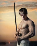 Indivíduo considerável muscular com a espada no por do sol fotos de stock Indivíduo considerável muscular com a espada no por do sol fotos de stock