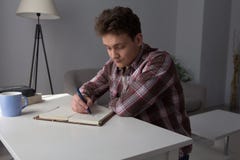Indivíduo novo que estuda em casa fotografia de stock Indivíduo novo que estuda em casa fotografia de stock