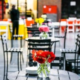 Indoor cafeteria coffee shop space with orange flowers royalty free stock photos Indoor cafeteria coffee shop space with orange flowers royalty free stock photos