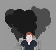 Industrial city. Man in mask from dust. Guy in respirator. Contaminated air. Smoke plants. Factory emissions. Environmental vector illustration Industrial city. Man in mask from dust. Guy in respirator. Contaminated air. Smoke plants. Factory emissions. Environmental vector illustration