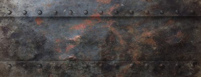 Rusty black metal plate with bolts background, banner. 3d illustration stock illustration Rusty black metal plate with bolts background, banner. 3d illustration stock illustration