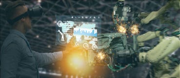 Industrie 4 d'Iot 0 concepts, ingénieur industriel employant le logiciel augmenté, réalité virtuelle dans le comprimé à surveille image stock Industrie 4 d'Iot 0 concepts, ingénieur industriel employant le logiciel augmenté, réalité virtuelle dans le comprimé à surveille image stock