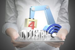 Industrie 4 0 die concept, hand tablet het controleren robotwapen met behulp van Stock Foto Industrie 4 0 die concept, hand tablet het controleren robotwapen met behulp van Stock Foto