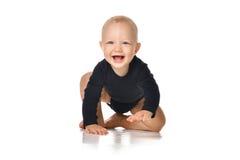 Infant child baby toddler crawling happy looking straight isolated on a white background royalty free stock image Infant child baby toddler crawling happy looking straight isolated on a white background royalty free stock image