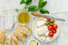 Ingredients cooking bruschetta, baguette, olive oil, tomatoes, b Stock Image Ingredients cooking bruschetta, baguette, olive oil, tomatoes, b Stock Image