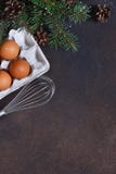 Ingredients For Baking. Christmas Card With Decorations On Concrete Background. Christmas Baking, Cooking Process. Stock Photography