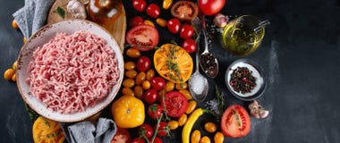 Ingredients For Cooking - Minced Meat, Tomatoes And Spices Stock Image