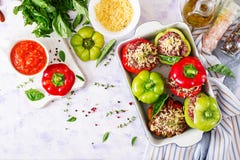 Ingredients For Preparation Of Stuffed Pepper With Minced Meat And Buckwheat Porridge. Royalty Free Stock Photos