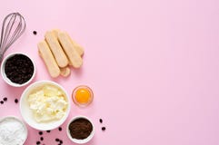 Ingredients For Preparing Tiramisu On A Pink Background. Cooking Process. Classic Italian Dessert Stock Images