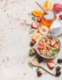 Ingrédients sains de petit déjeuner Granola d'avoine dans la cuvette avec les écrous, la fraise et les feuilles en bon état, broc images libres de droits Ingrédients sains de petit déjeuner Granola d'avoine dans la cuvette avec les écrous, la fraise et les feuilles en bon état, broc images libres de droits