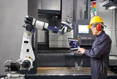 Ingénieur d'entretien à l'aide de la main robotique automatique de contrôle d'ordinateur portable avec la machine de commande num photo libre de droits Ingénieur d'entretien à l'aide de la main robotique automatique de contrôle d'ordinateur portable avec la machine de commande num photo libre de droits