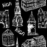 Black and white seamless pattern of Rigas old town buildings vector illustration Black and white seamless pattern of Rigas old town buildings vector illustration