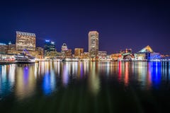 The Inner Harbor skyline at night, in Baltimore, Maryland. royalty free stock photos The Inner Harbor skyline at night, in Baltimore, Maryland. royalty free stock photos
