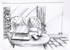 Inre svartvit illustration för coffee shop vektor illustrationer Inre svartvit illustration för coffee shop vektor illustrationer